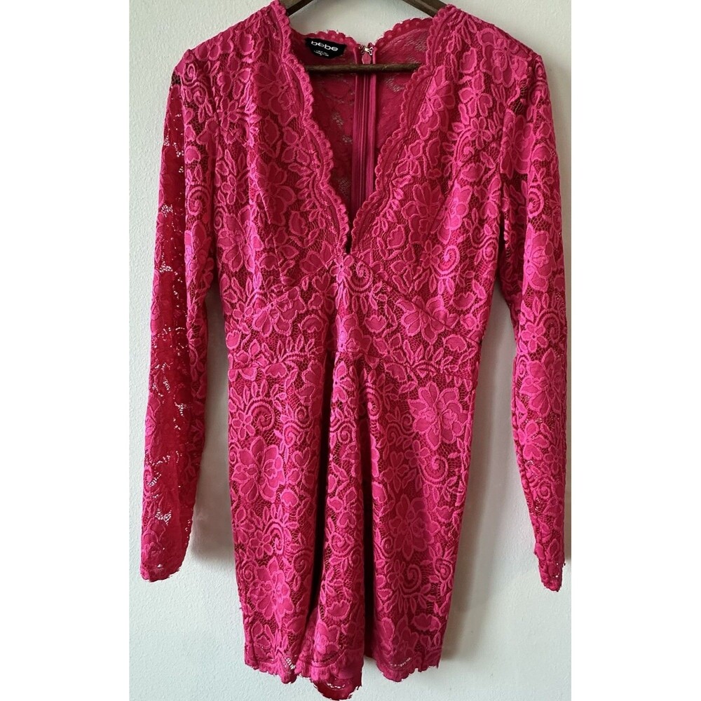Bebe Hot Pink Floral Lace Long Sleeve Romper Night Out Sexy Festival Party 10
